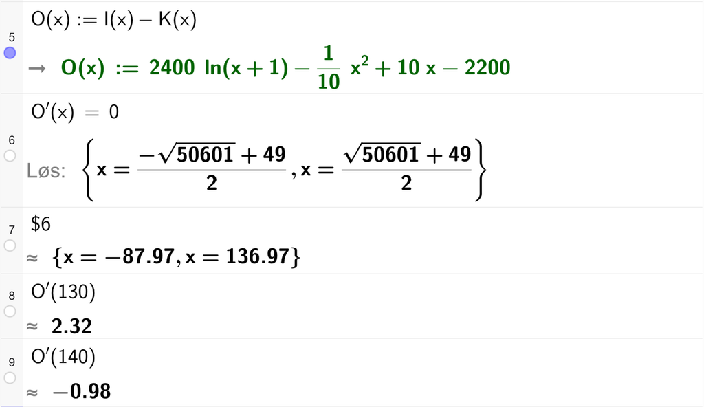 På linje 5 i CAS-vinduet i GeoGebra er O av x definert som I av x minus K av x. På linje 6 er O derivert av x satt lik 0. Svaret med Løs er x er lik to uttrykk som vi finner tilnærmet verdi til på neste linje. På linje 7 er det skrevet dollartegn 6. Svaret med tilnærming er x er lik minus 87,97 og x er lik 136,97. På linje 8 er O derivert av 130 regnet ut med tilnærming til 2,32. På linje 9 er O derivert av 140 regnet ut med tilnærming til minus 0,98. Skjermutklipp.
