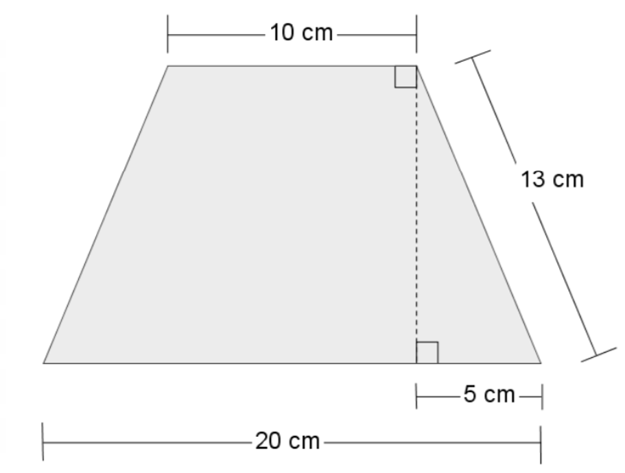 Bildet viser en skisse av en sideflate i lampeskjermen, der målene er satt på. Grunnlinja i trapeset er 20 centimeter, og topplinja er 10 centimeter. Høyden er ikke oppgitt, men markert. I tillegg er en av de skrå sidekantene i trapeset oppgitt til å være 13 centimeter, og denne sidekanten er hypotenus i en rettvinklet trekant der høyden er den ene kateten. Den andre kateten er oppgitt til å være 5 centimeter.