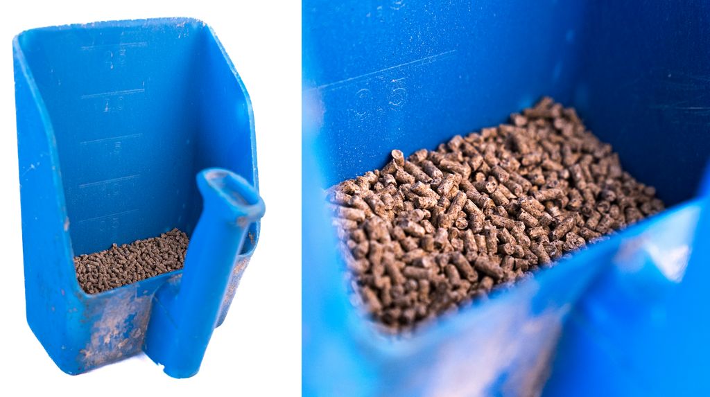 Kollasj av ei blå plastause med kraftfôrpellets til griser og nærbilde av kraftfôret. Foto.