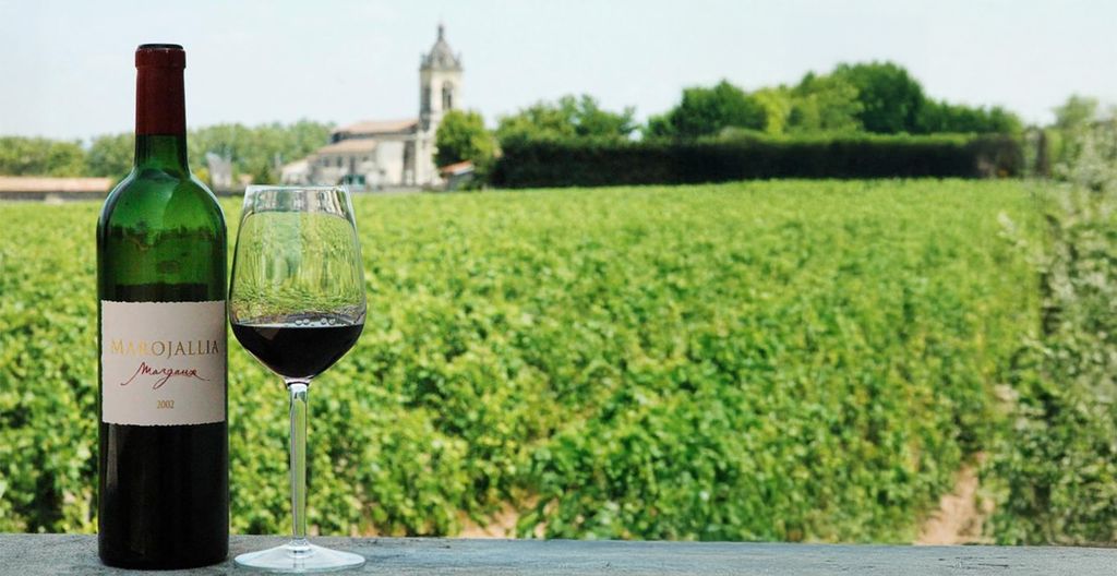 Ei flaske rødvin og et glass foran grønne vinranker og et gammelt steinbygg. KI-redigert foto.