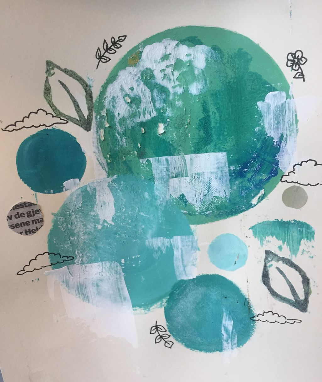 Stilisert frukt og planteelement. Trykk kombinert med penneteikning og kollasj.