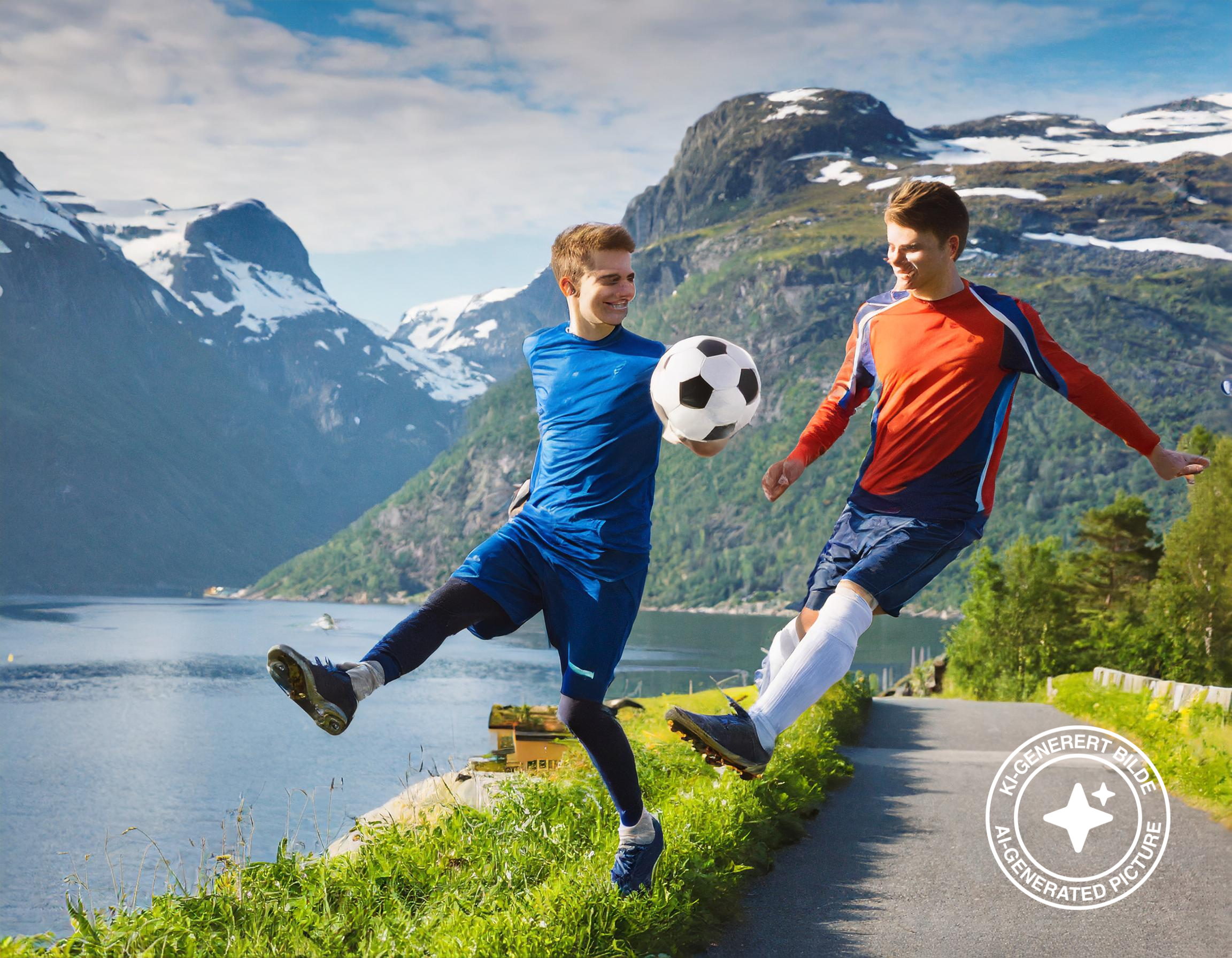 To personer svever i lufta med en fotball i et fjordlandskap. Ansiktene er fordreide og har utydelige detaljer. Et bein har en unaturlig vinkel. KI-Foto.