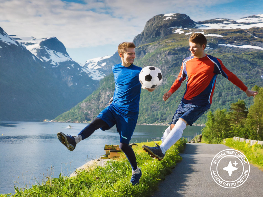To personer svever i lufta med en fotball i et fjordlandskap. Ansiktene er fordreide og har utydelige detaljer. Et bein har en unaturlig vinkel. KI-Foto.