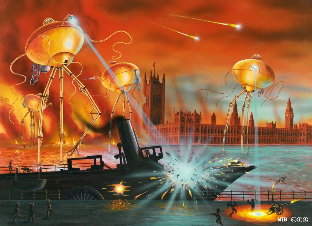 Machines on legs shoot light rays at a ship which explodes. In the background we see the Houses of Parliament in London. Illustration.