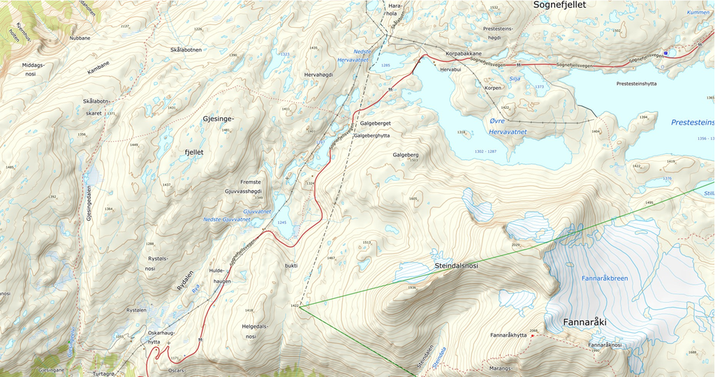 Sognefjellet, breddeformat, topografisk kart