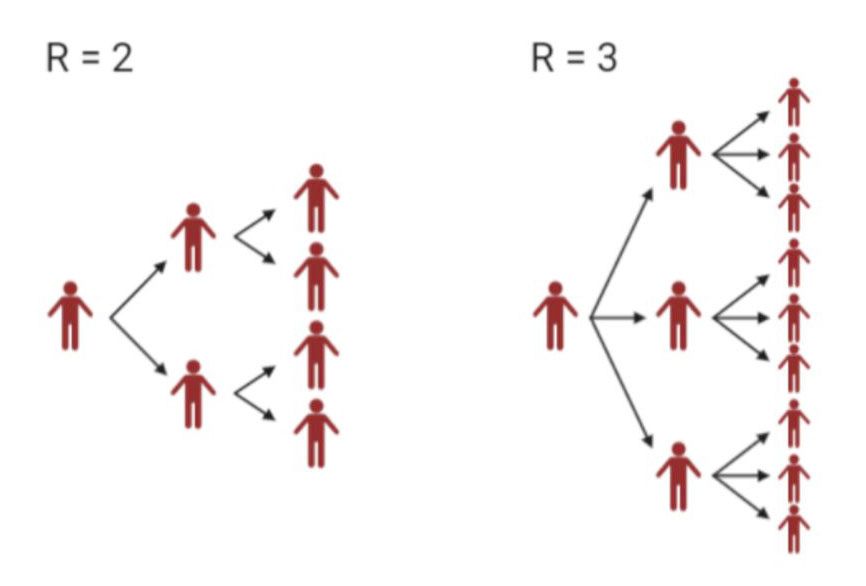 Plansje som viser hvor mange personer en smittet person smitter. Illustrasjon.