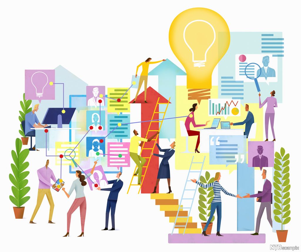 Menneske som samarbeider om å skape idéar. Illustrasjon.