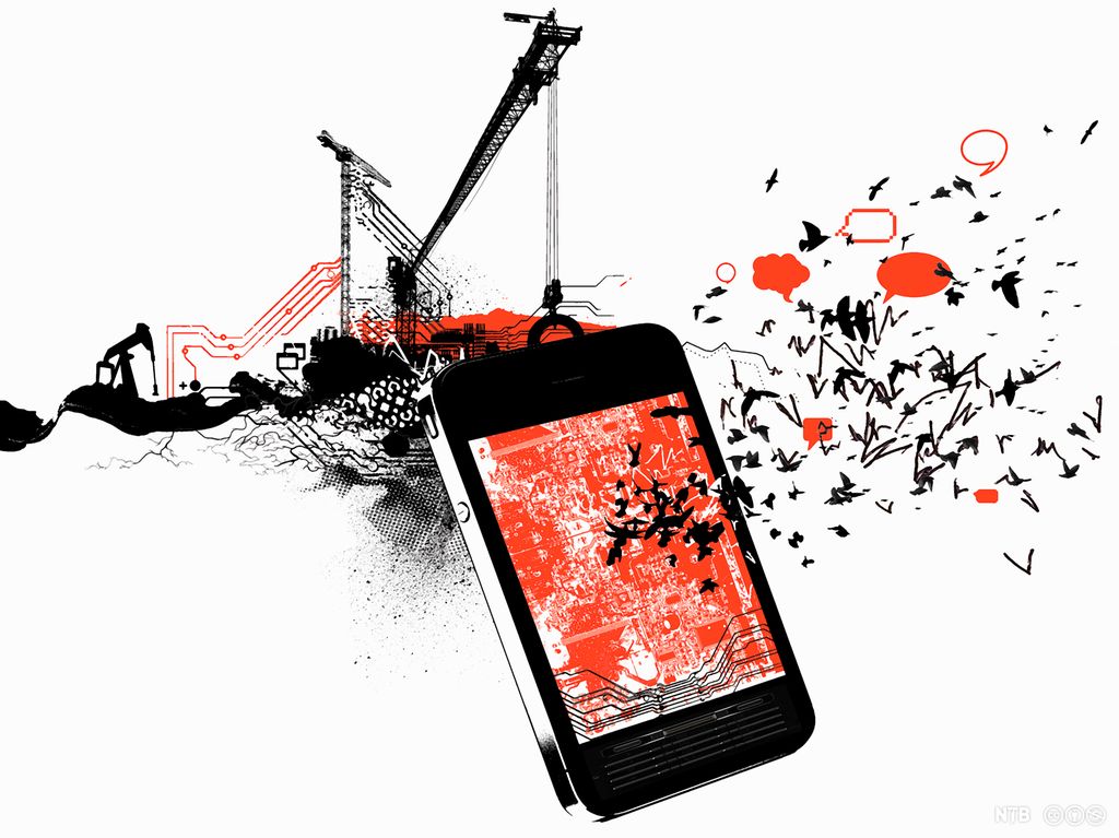 En smarttelefon henger fra en heisekran. Fugler og snakkebobler kommer ut av telefonen. Illustrasjon.