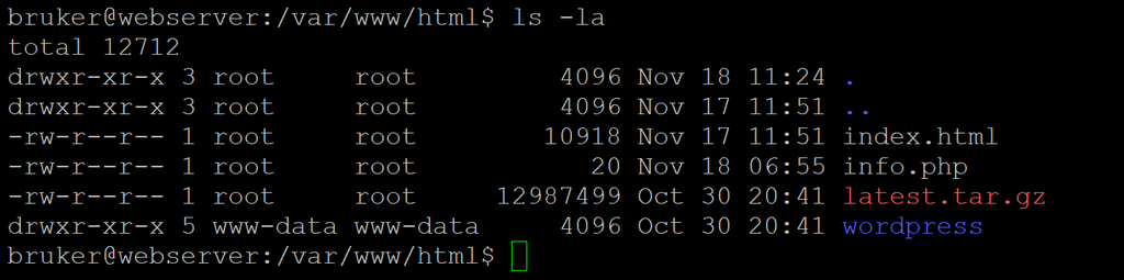 ls -la-kommandoen viser filer og mapper i /var/www/html. Skjermbilde.