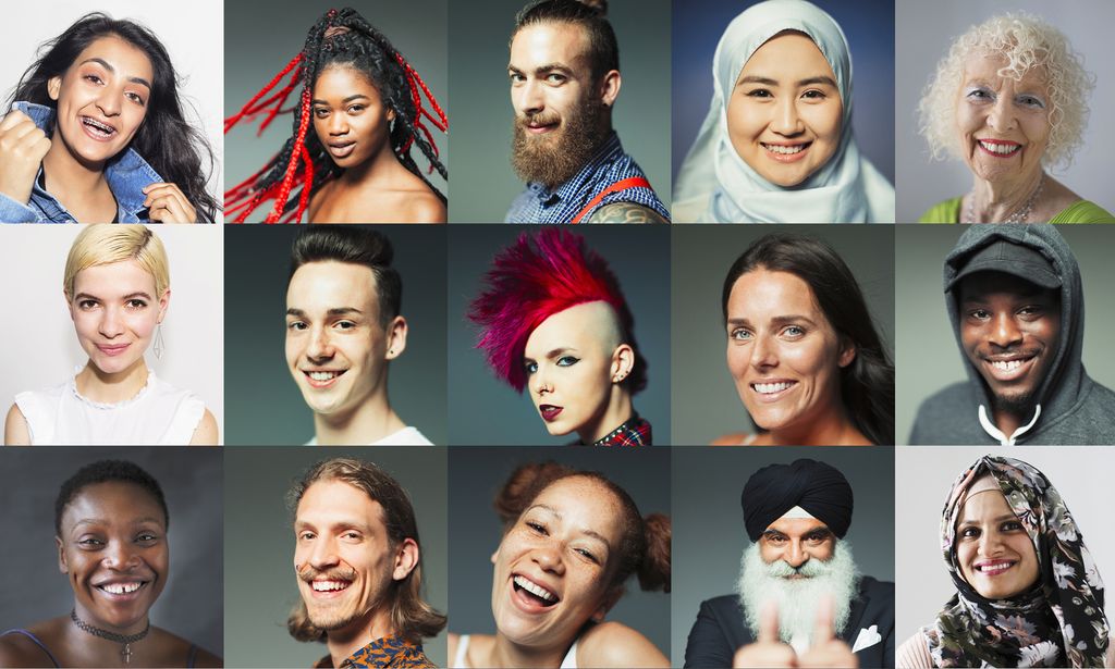 En montasje av 15 portrettbilder som viser et mangfold av mennesker med ulik alder, stil og bakgrunn. Foto.