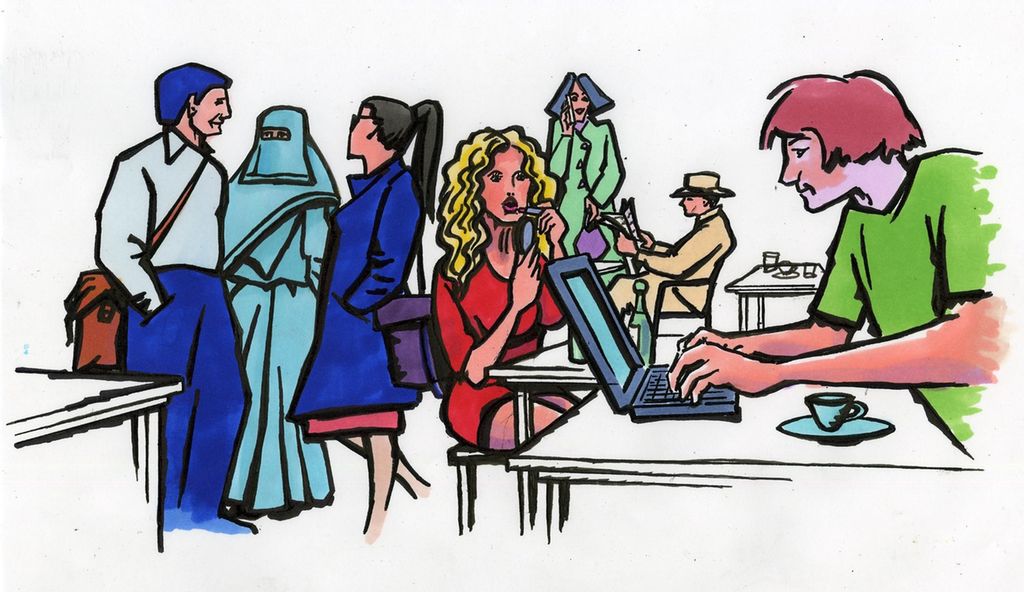 Tegning av flere mennesker på en kafé. Til venstre i bildet er det en mann med skulderveske og hendene i lomma. Han har lyseblå overdel, mørkeblå bukse og blå lue eller blått hår. Han står sammen med to kvinner. Den ene har lyseblå burka. Den andre har høy hestehale, blå, lang kåpe og lyserødt skjørt. Hun har også hendene i lomma. I forgrunnen jobber en ung mann med grønn T-skjorte og halvlangt hår på en bærbar pc. Midt i bildet sitter en kvinne i rød, kort kjole, med langt, bølget lyst hår og tar på leppestift foran et lommespeil. I bakgrunnen sitter en mann med lysebrun hatt og frakk og leser avis ved et kafébord. En kvinne med grønn kåpe og lilla håndveske står og snakker i mobiltelefon. Illustrasjon.
