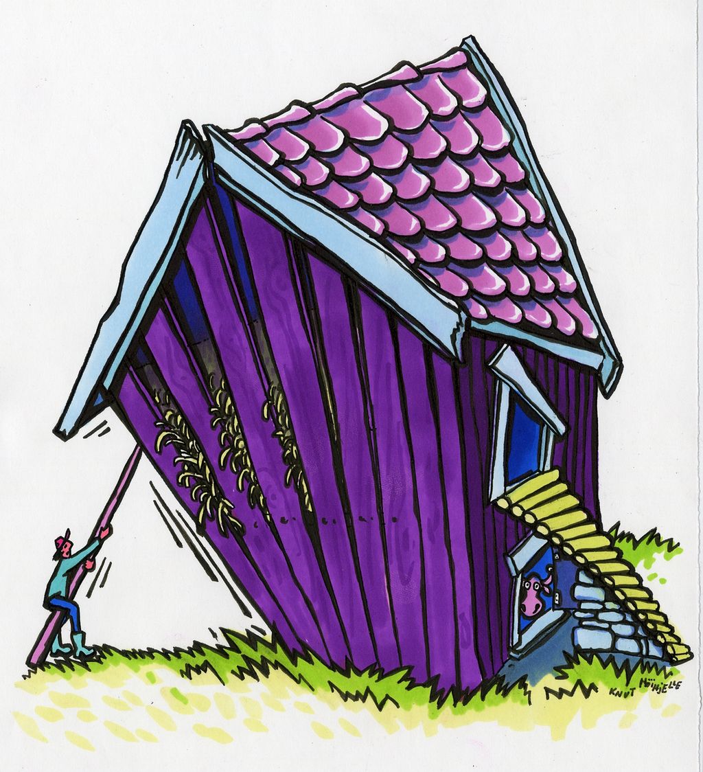 En person prøver å støtte opp et skeivt og vaklevorent hus med en stokk. Illustrasjon.