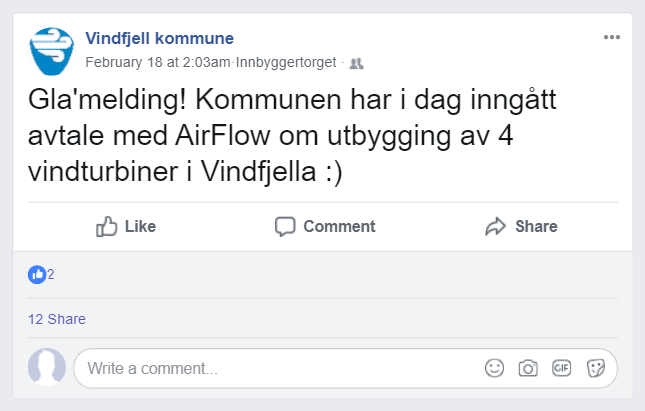 Facebook-post med melding om at en fiktiv kommune har inngått avtale om utbygging av vindturbiner. Illustrasjon.
