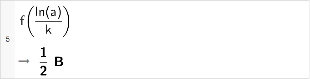 CAS-utregning med GeoGebra. På linje 5 er det skrevet f av parentes l n parentes a parentes slutt delt på k parentes slutt. Svaret er en halv B. Skjermutklipp.