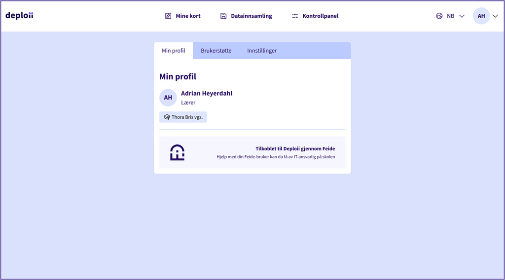 Skjermbilde fra programvaren Deploii som viser profilinformasjon for en lærer. Skjermutklipp.