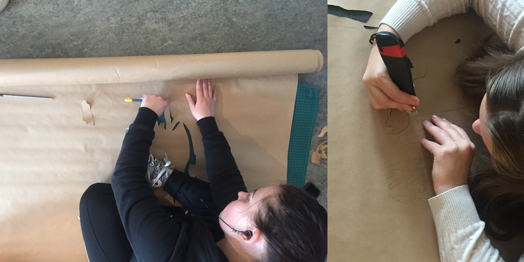 Kollasj av elever som skjærer rundt skisser på gråpapir. Foto.