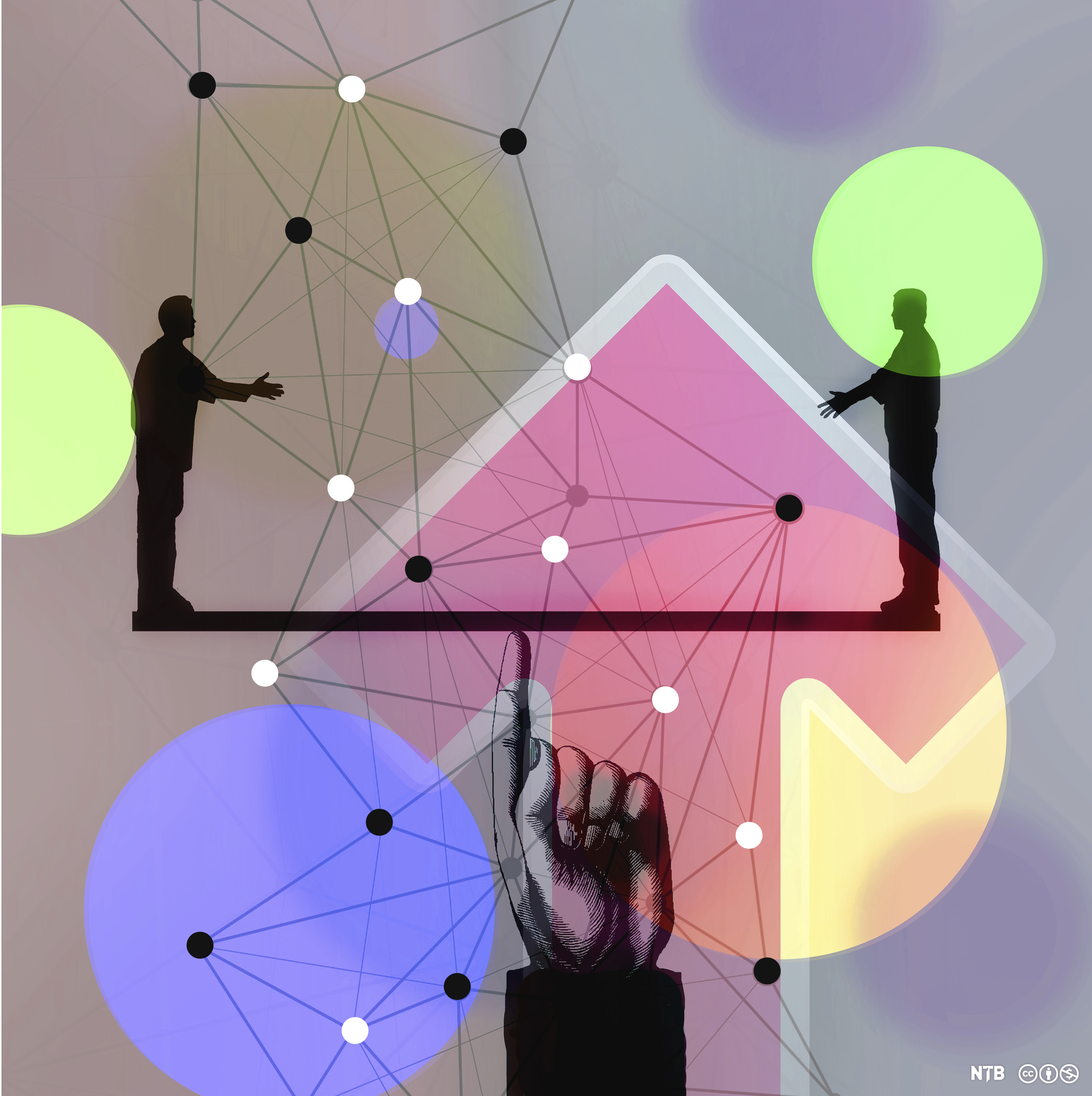 En finger balanserer en vektstang med en person på hver side. Illustrasjon.