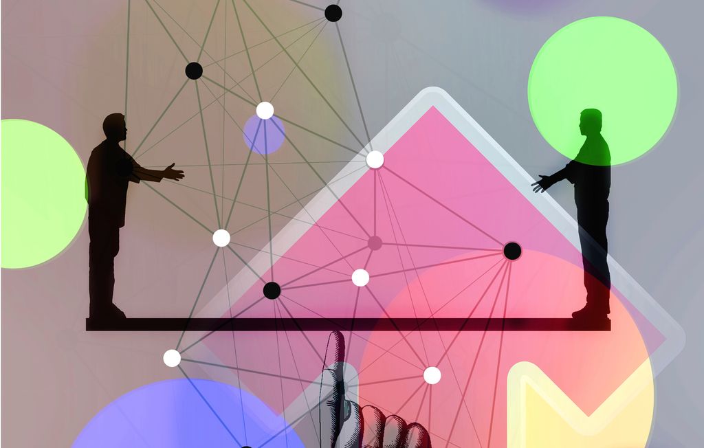 En finger balanserer en vektstang med en person på hver side. Illustrasjon.