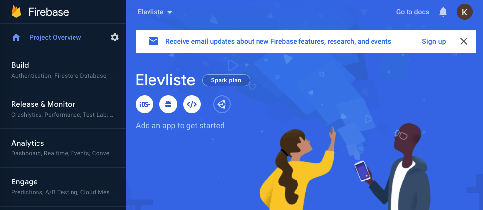 Prosjektoversikta Elevliste i Firebase. Skjermbilete.