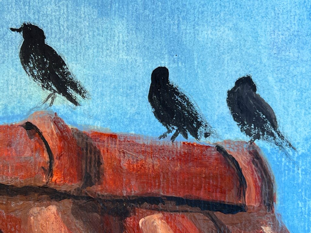 Detalj frå eit akrylmåleri: Tre fuglar på eit teglsteinstak. Illustrasjon.