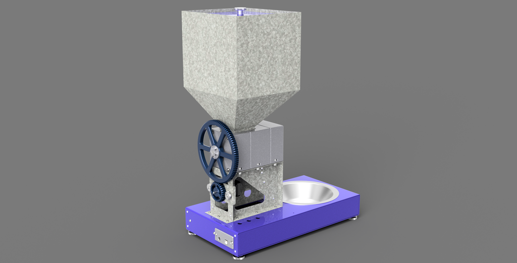 Tannhjulsoverføring på en hundematermaskin. Maskinen har to tannhjul som er i inngrep med hverandre. Det øvre hjulet er stort, det nedre hjulet er lite. Illustrasjon