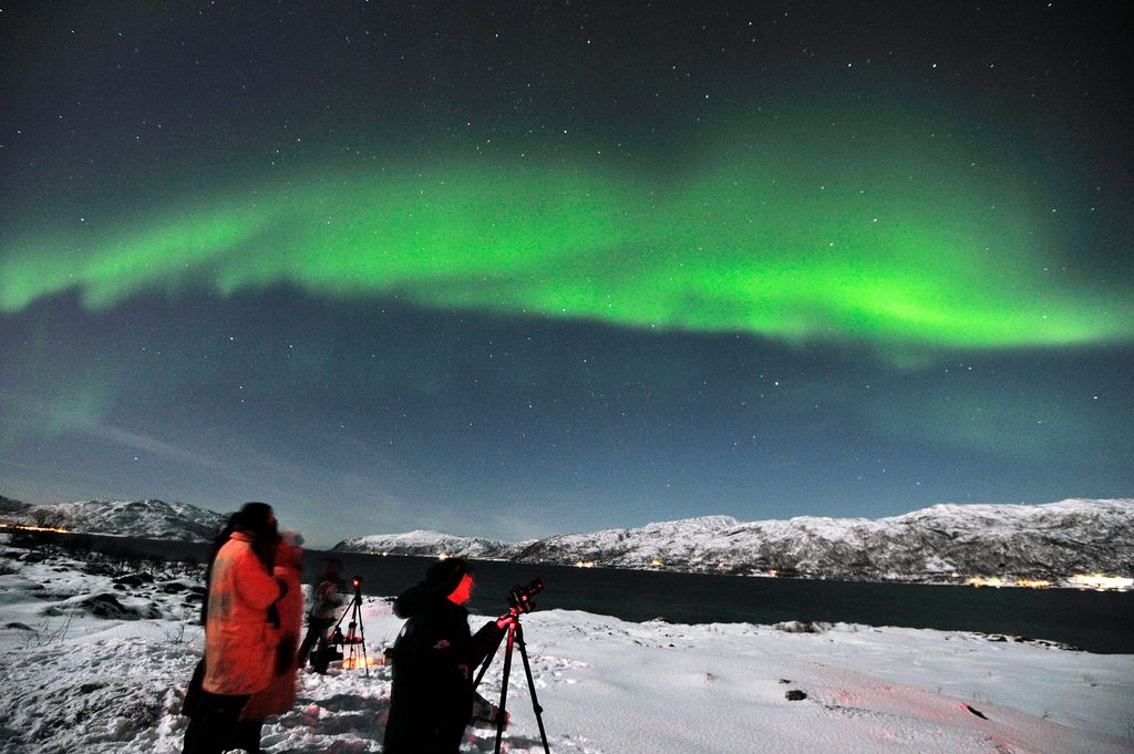 Fem personer står i et snøkledt landskap ved havet og kikker opp på et grønt nordlys på himmelen. De har satt ut to stativer med fotoapparater. Foto.