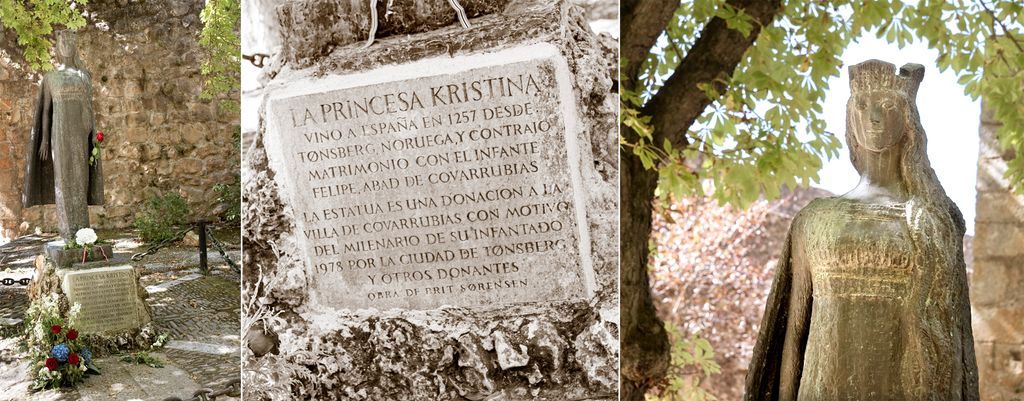 Tre bilder av Kristina av Tunsberg-statuen: et av hele statuen med blomster ved siden av, et av inskripsjonen på foten av statuen og et av overkroppen til statuen. Foto.