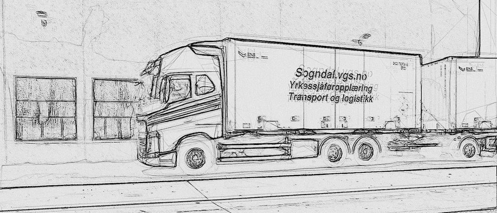 Illustrasjon som viser et vogntog med konteinere.