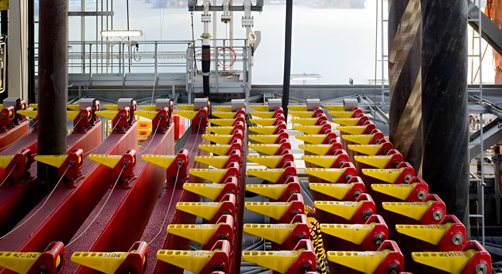 I et boretårn er det satt opp flere rader med røde fingerbord med gule låseklaffer. Foto.