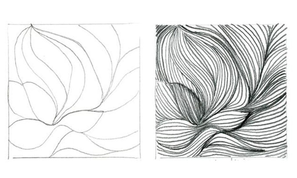 To komposisjonar med organiske linjer. Den eine deler arket opp i organiske former, på den andre er dei organiske formene fylte ut med mjuke, bogne linjer. Illustrasjon.