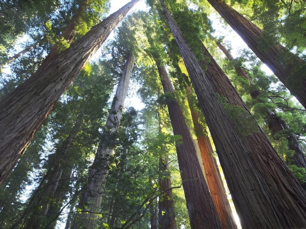 Froskeperspektiv av høye sequoiatrær. Foto.