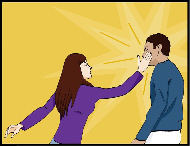 Kvinne slår mann. Illustrasjon.
