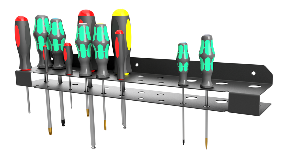 Oppheng der det står skrutrekkere av ulik størrelse i stativets hull. Illustrasjon.