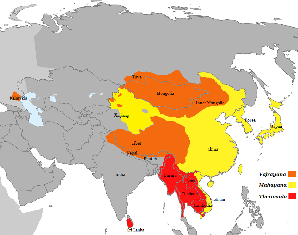 Kart over Asia som viser geografisk utbredelse av vajrayana, mahayana og theravada.