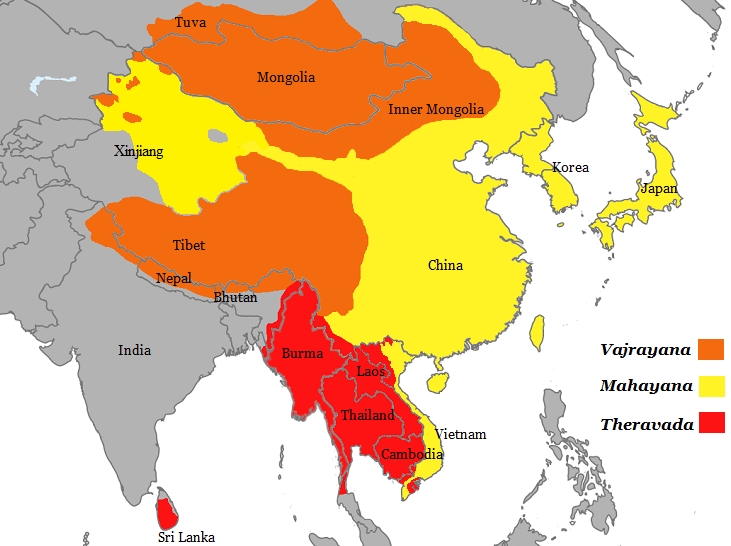 Kart over Asia som viser geografisk utbredelse av vajrayana, mahayana og theravada.
