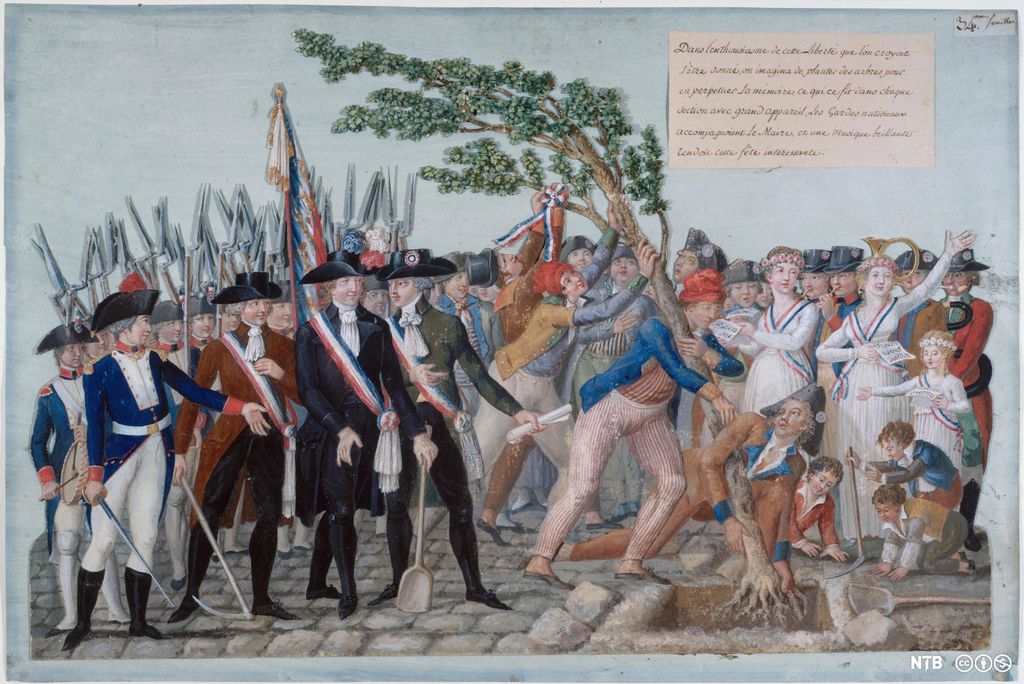 Soldater med gevær og en gruppe mennesker med løpesedler i hånda som reiser et tre som skal symbolisere frihet. Illustrasjon.