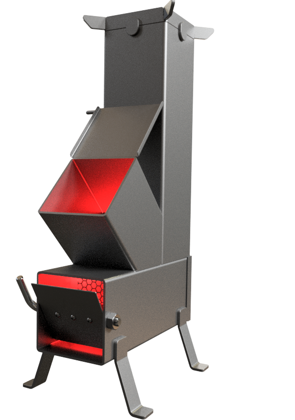 Vedovn i metall som står på fire bein. Brennkammeret er et firkanta, liggende metallrør. Pipa er et firkanta, stående metallrør som er plassert oppå den ene enden av brennkammeret. I den andre enden er det plassert en enkel ventil til å regulere lufttilførselen med. Vedtilførselen skjer gjennom et tredje metallrør, som er sveisa fast mellom brennkammer og pipe i en 45 graders vinkel fra begge to. Foto.