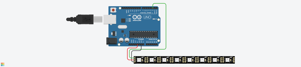 Arduino som er tilkopla ei LED-stripe gjennom en rød, en svart og en grønn ledning. Illustrasjon.