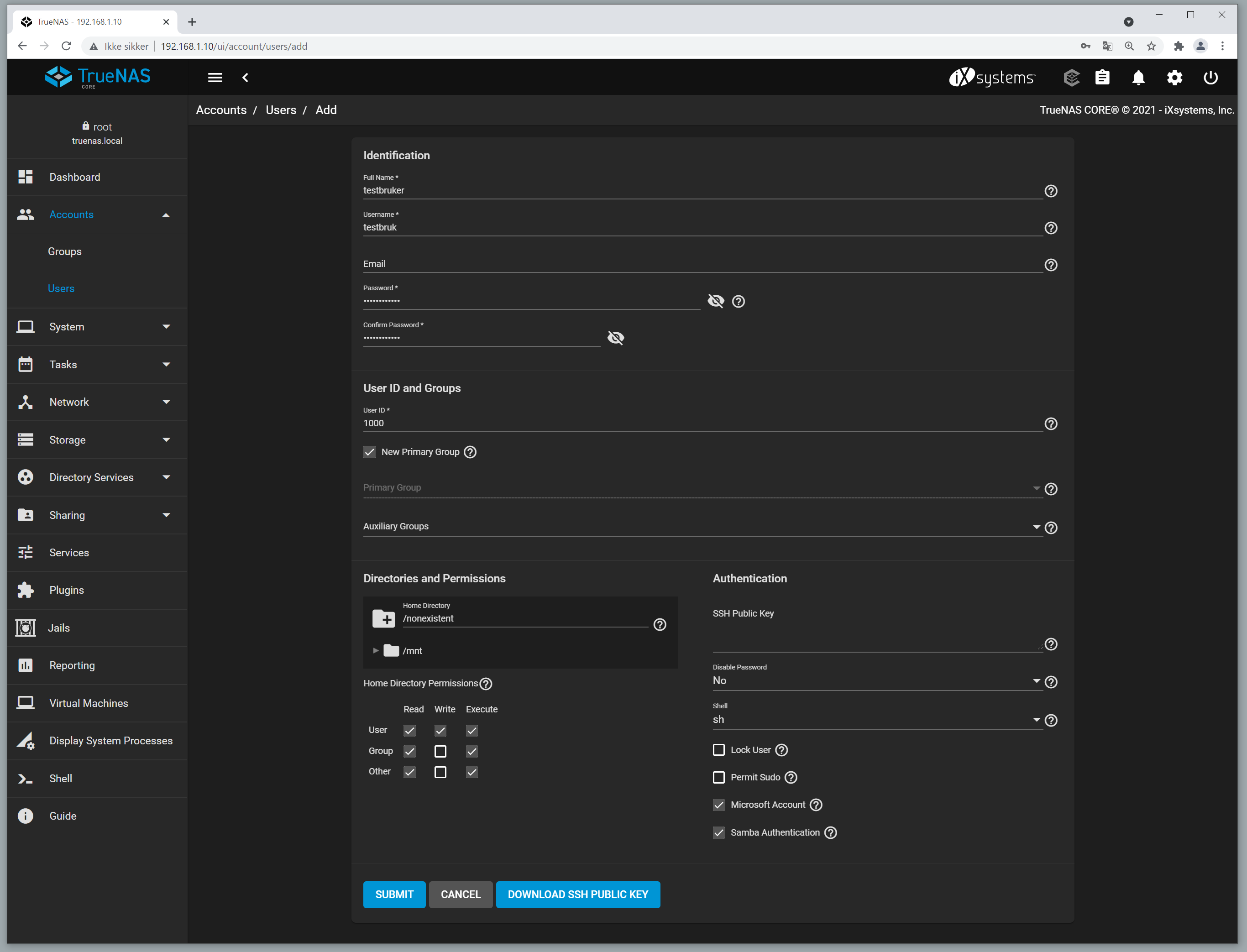 Skjema for å opprette brukerkonto i TrueNAS. Skjermbilde.