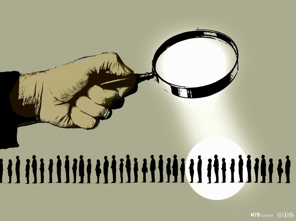 Forstørrelsesglass over en gruppe mennesker. Illustrasjon.