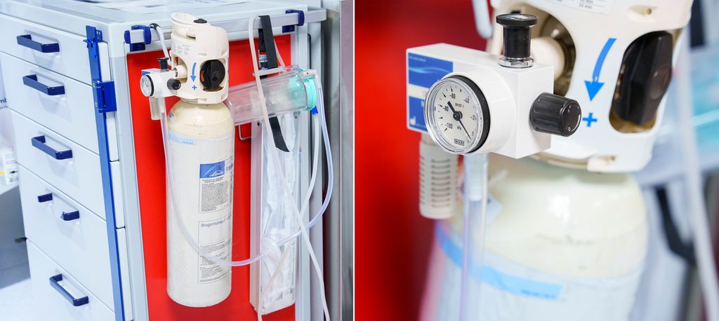 En transportabel oksygenkolbe og et nærbilde av trykkmåleren. Foto.
