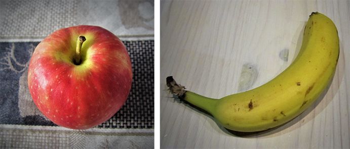 En banan og et eple. Fotokollasj.