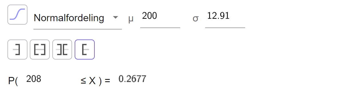 I sannsynlighetskalkulatoren i GeoGebra er det valgt normalfordeling med my lik 200 og sigma lik 12,91. Det er valgt høyresidig sannsynlighet, og sannsynligheten for at X er større enn eller lik 208, er 0,2677. Skjermutklipp.