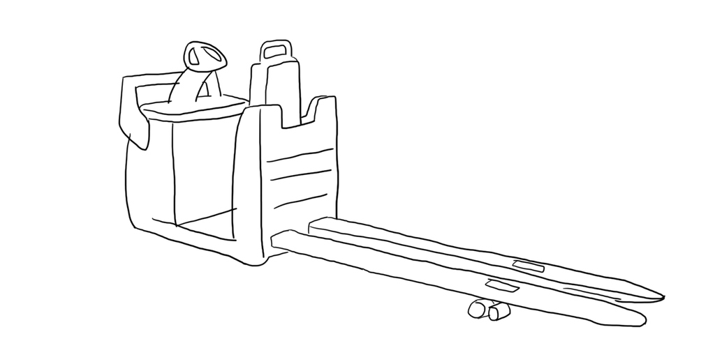 Lavtløftende plukktruck, brukt til å plukke og sammenstille varer på lager. Kjøreretningen er motsatt av gaflenes retning. Tegning.