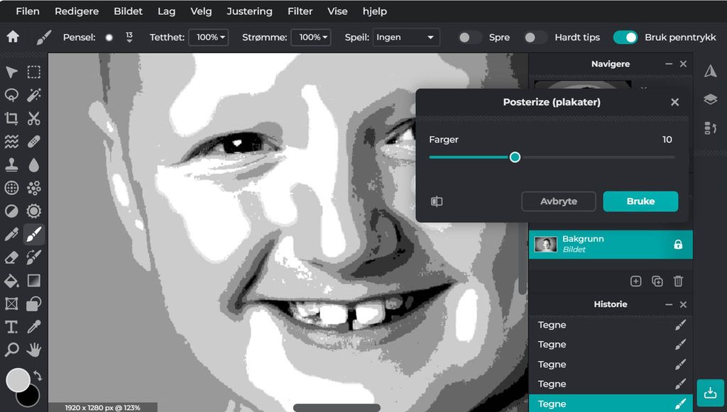Skjermbilde fra et bilderedigeringsprogram som har oppe et foto av en blid gutt og menyen "Posterize" er aktiv. Foto.