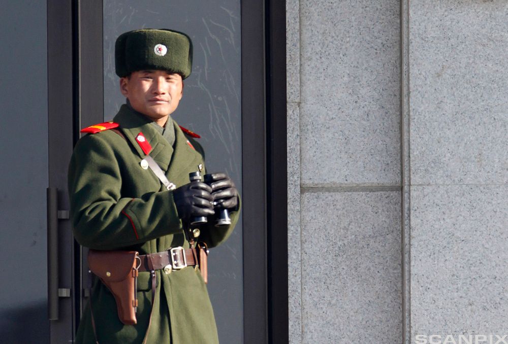 Soldat i grønn vinteruniform med røde epåletter. Han har pistol i et lukket hylster og holder en kikkert med hanskekledde hender. Foto.