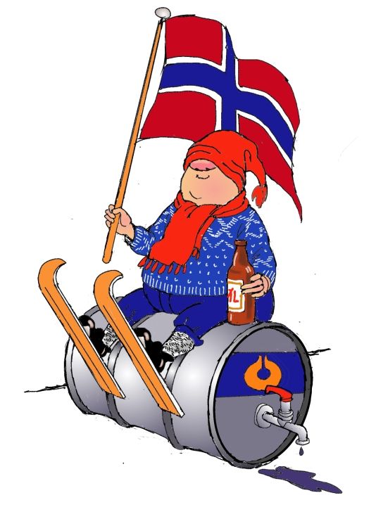 En mann med nikkers og knestrømper, blå strikkegenser, rødt skjerf og rød topplue trukket godt ned over øynene. Han sitter på en oljetønne med ski på beina, en flaske øl i den ene hånda og et norsk flagg i den andre hånda. Tegning.
