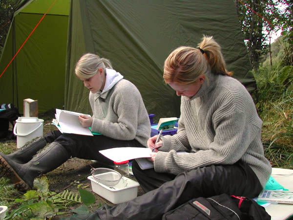 To jenter tar notater utenfor et telt. Foto.