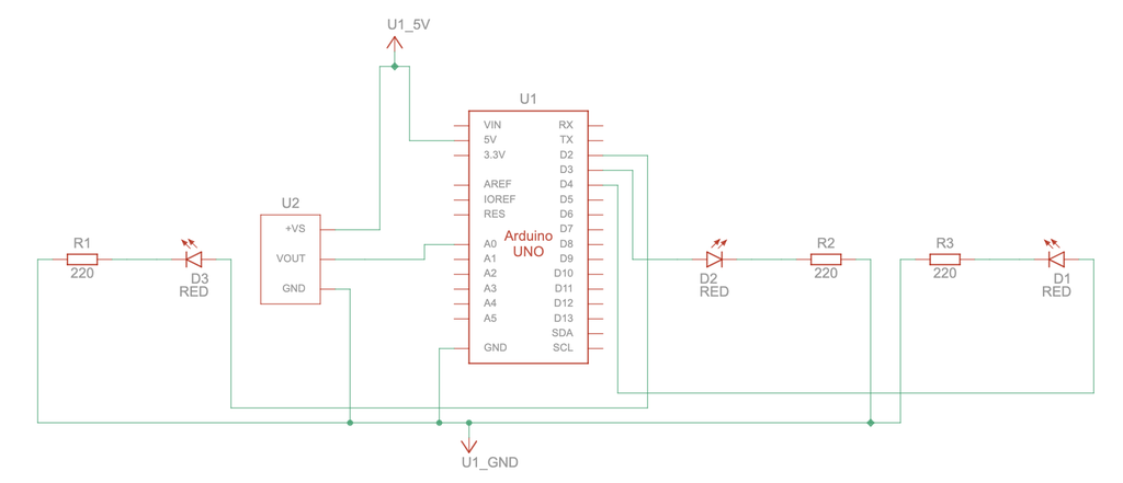Elektrisk koplingsskjema med en Arduino, en temperaturføler, tre lysdioder og tre resistorer. Skjermutklipp.
