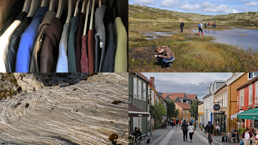 Fire bilder, et viser klær på kleshengere i et skap, et er et nærbilde av berggrunnen, et viser elever som er ute på ei myr, og et viser folk som går og sitter på kaféer i ei gågate. Foto.